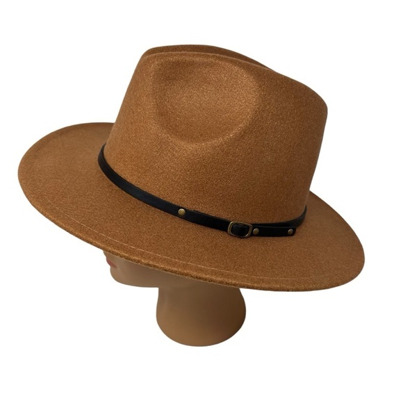 Unisex Fedora Hat Wide Brim Wool Blend Camel Brown OS Adjustable Western Cowboy - Picture 1 of 13